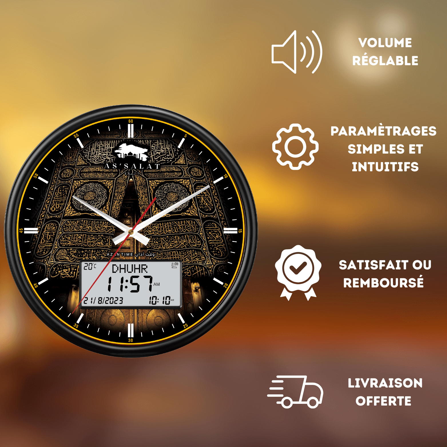 Horloge Adhan Noir et Doré
