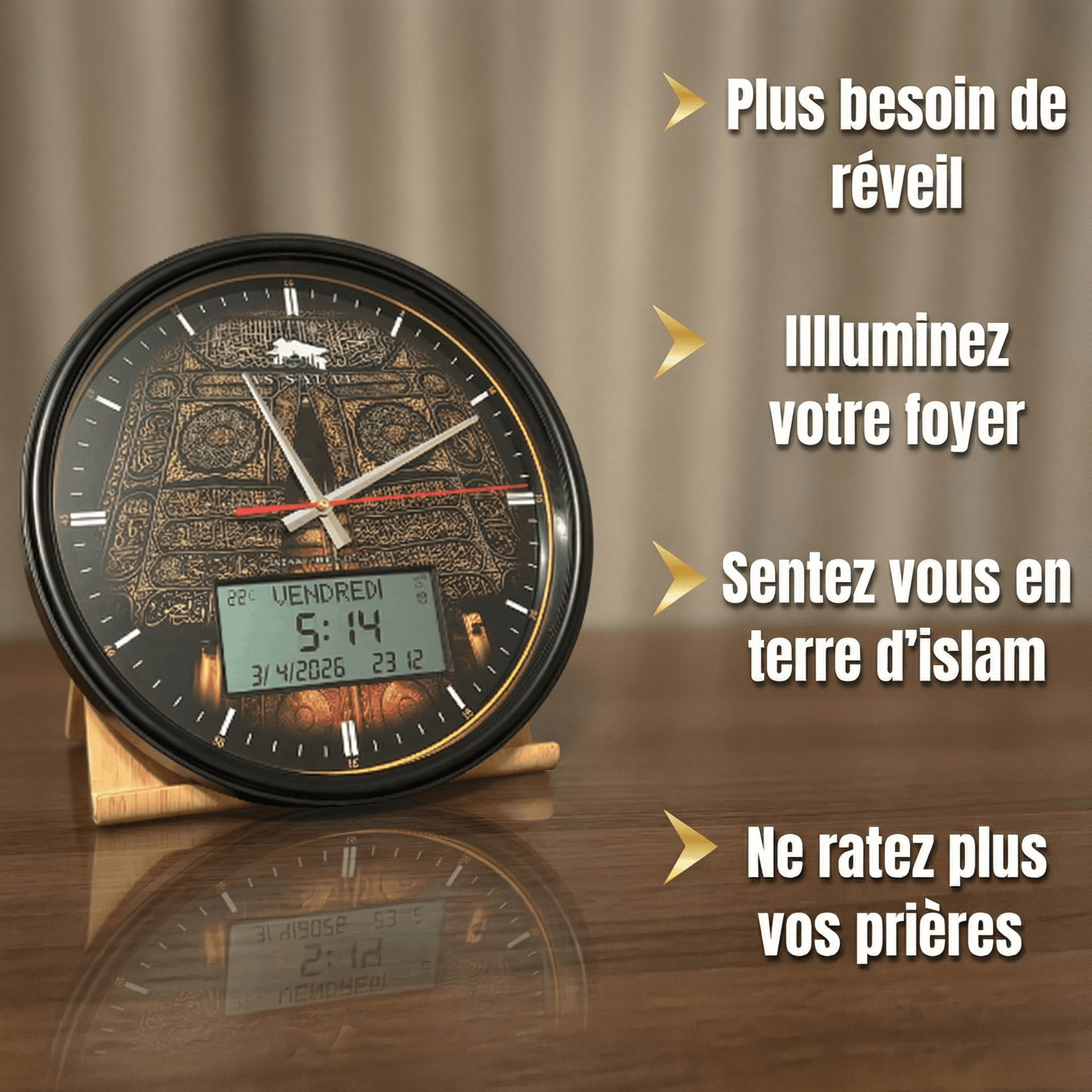 Horloge Adhan Noire et Dorée